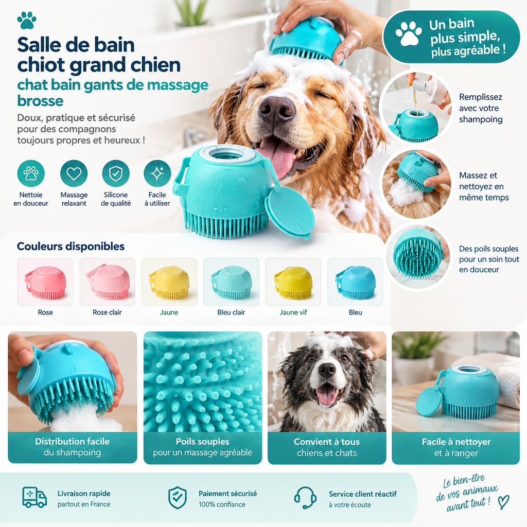 Brosse de bain et massage en silicone pour chiens et chats