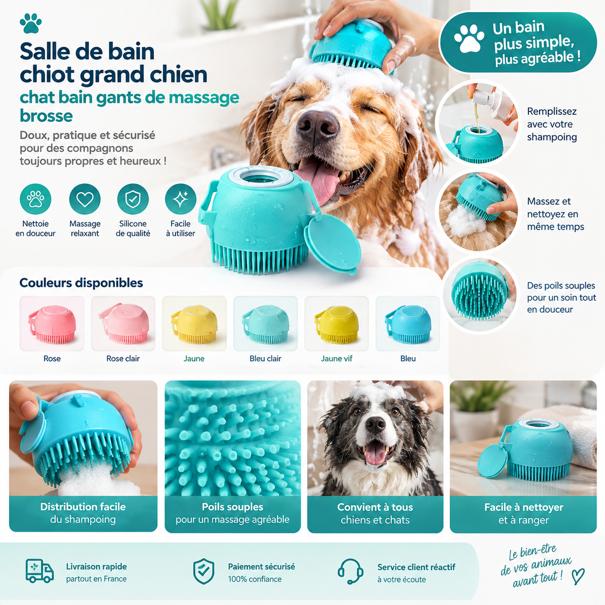 Brosse de bain et massage en silicone pour chiens et chats