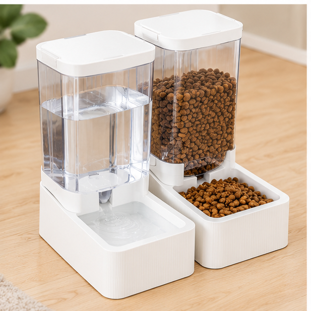 Vue rapprochée du distributeur d'eau et de nourriture