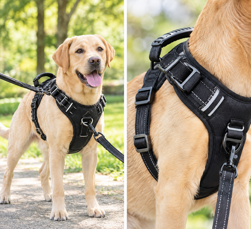 Harnais anti-traction pour chien porté en promenade et détails réfléchissants