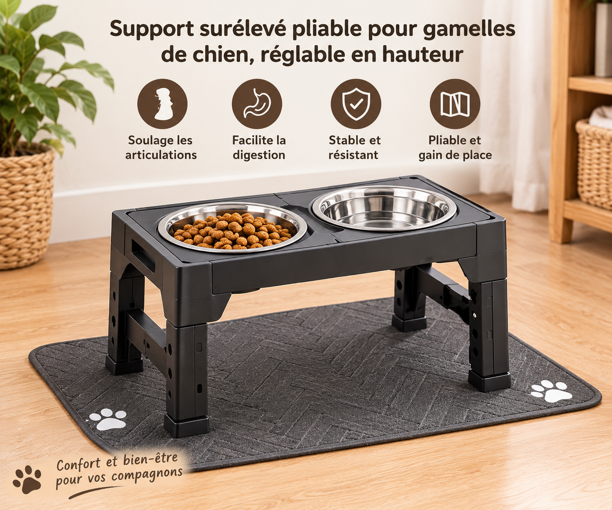 Support surélevé pour gamelles sur tapis