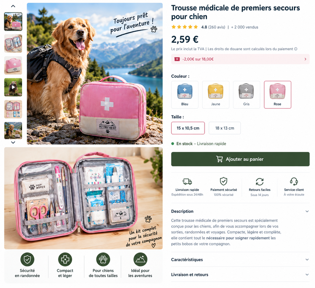 Trousse de premiers secours pour chien avec contenu et variantes
